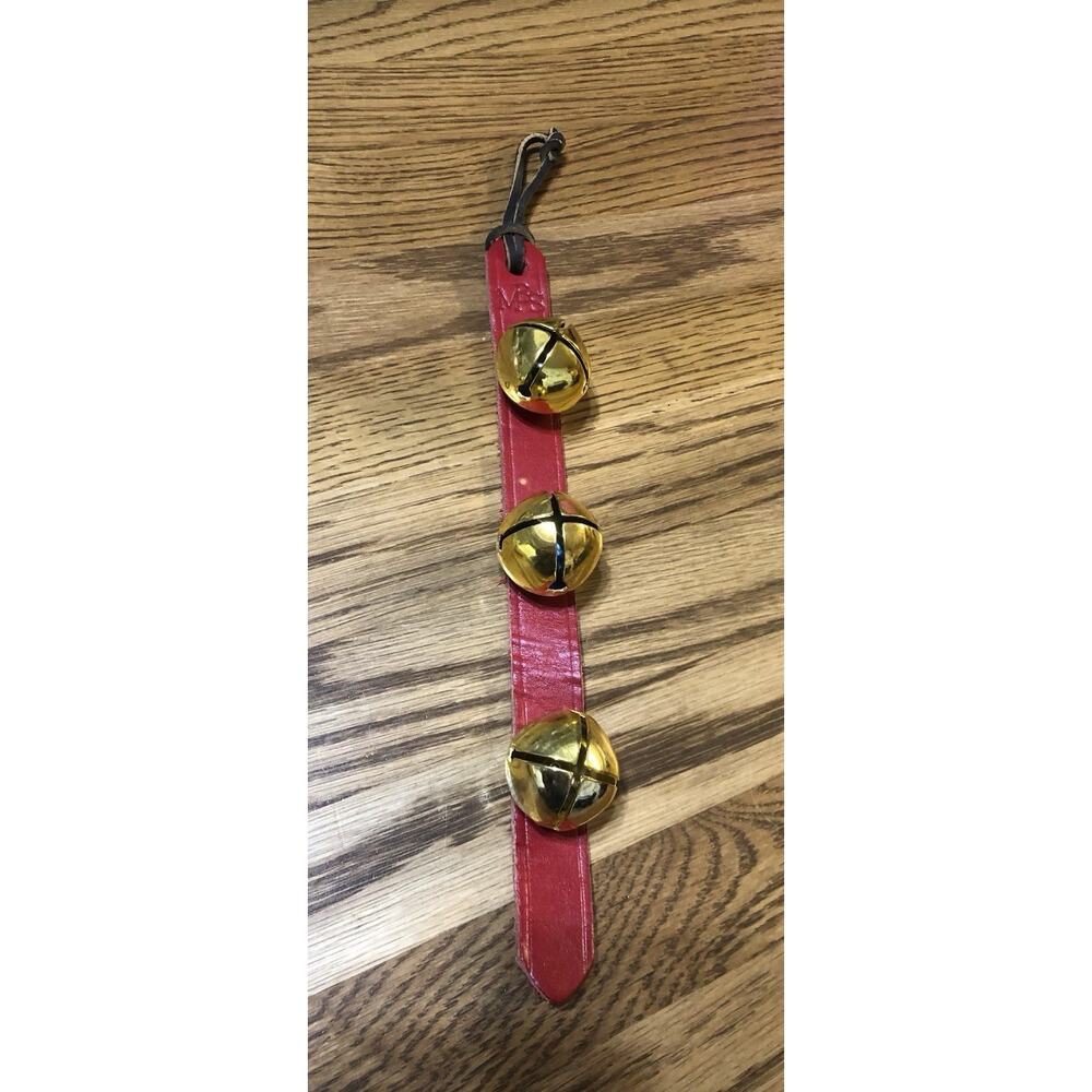 VTG Amish Country uSA Brass Sleigh Bells 12" Red Leather Strap MBS